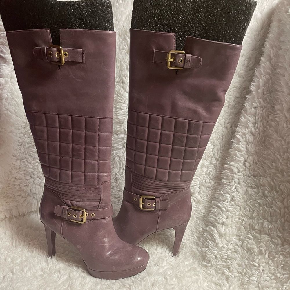 Rockport leather lavender quilted platform heels slip on knee high boots SZ 8.5
